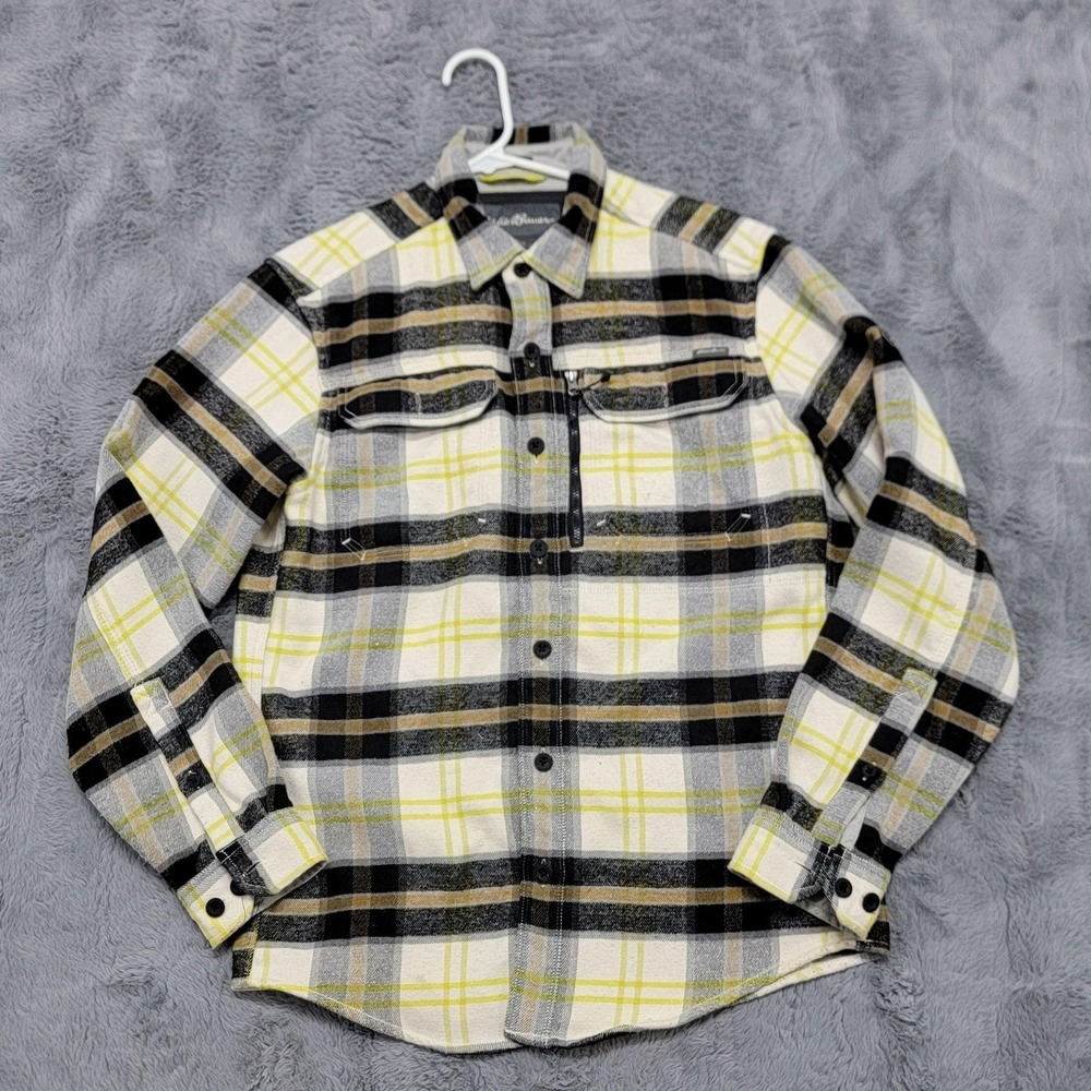 Eddie Bauer Shirt Mens Medium Gray Plaid Flannel Mountain Ops Zip Pocket Stretch